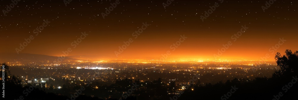 Poster city skyline illuminated at night with twinkling stars and vibrant artificial lights from distant bu
