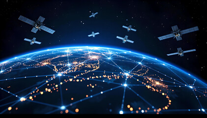 Low Earth Orbit satellites form a glowing web of connectivity, with radiant light beams linking across Earth, revolutionizing global communication and technological advancements