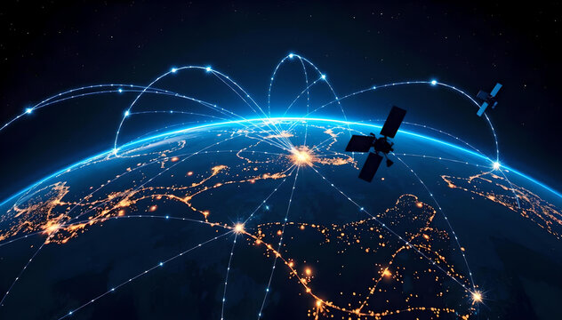 Low Earth Orbit satellites form a glowing web of connectivity, with radiant light beams linking across Earth, revolutionizing global communication and technological advancements