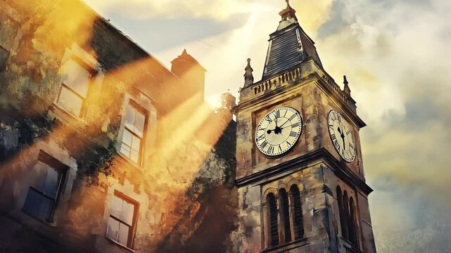 Clock tower in city. A clock tower with a drawing light on it. Close up of a beam of sun up. A city clock lifestyle tower.