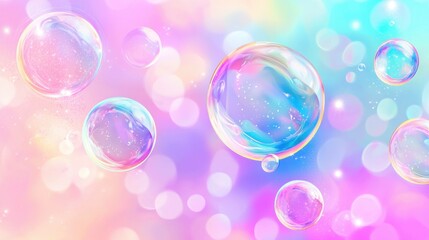 Colorful bubbles on a soft pastel background, creating a dreamy atmosphere with vibrant hues for a playful and whimsical feel