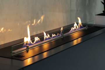 Burning eco bio fireplace close-up