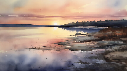 A painting of a lake with a sunset in the background