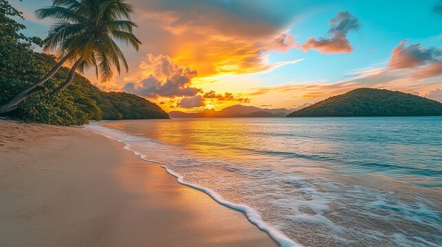 Sunset beach scene tropical island nature photography serene waters panoramic view relaxation vibes