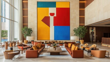 Boutique hotel lobby with bold colors, modern geometric patterns, and stylish designer furniture