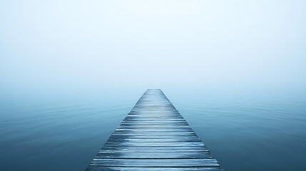 Obraz premium A wooden pier is in the water with a foggy sky above