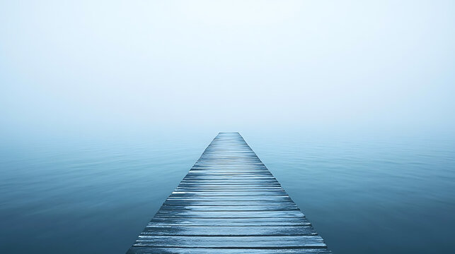 A wooden pier is in the water with a foggy sky above