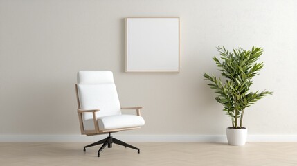 Modern armchair in a minimalist room, blank frame, plant, home decor, interior design, empty space, stylish living room, possible use showcasing interior design