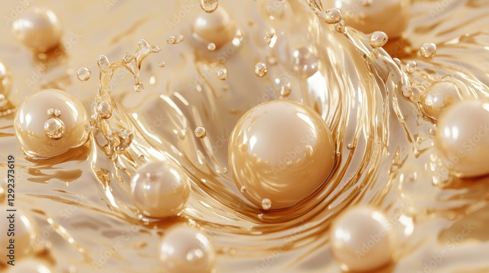 Poster Golden Liquid with Pearls Splashing and Creating Waves of Motion