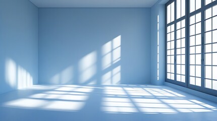 Fototapeta premium A minimalist room with light blue walls and a large window casting soft shadows. The bright and airy space creates a peaceful and tranquil ambiance, ideal for relaxation, mindfulness, or creative insp
