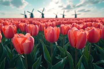 Tulip Fields in Holland with Traditional Windmills and Clear Sky