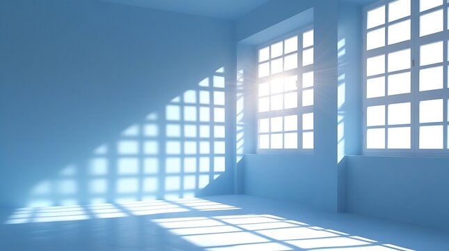 A minimalist room with light blue walls and a large window casting soft shadows. The bright and airy space creates a peaceful and tranquil ambiance, ideal for relaxation, mindfulness, or creative insp