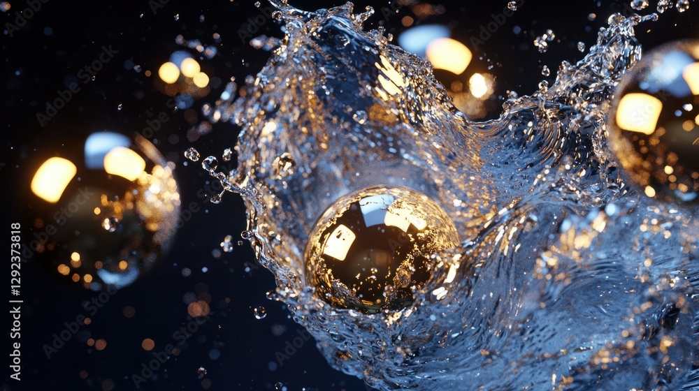 Poster dynamic water splash with reflective bubbles in dark background