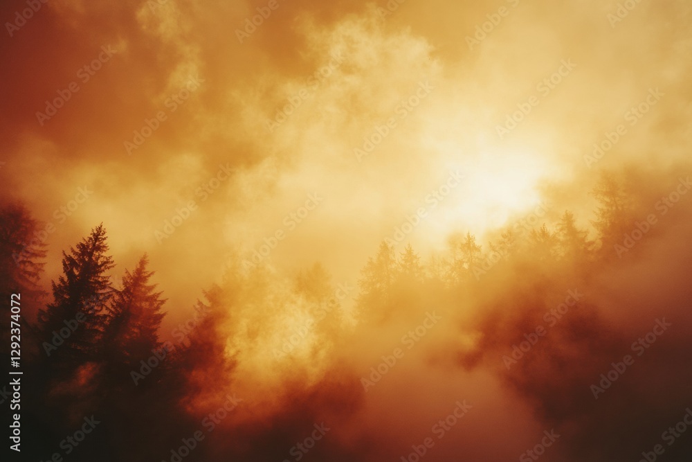Poster burning forest with thick smoke and flames captured during a wildfire event in nature with warm colo