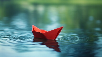 Fototapeta premium A vibrant red paper boat floats gently on calm water, surrounded by lush greenery, creating a serene and peaceful scene.