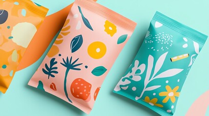Two colorful packets with vibrant floral and fruit patterns are displayed against a mint-green background, showcasing playful and modern design elements.