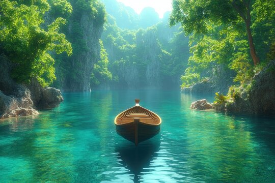 Tropical Cove with Longtail Boat and Lush Green Cliffs in Phuket Thailand Summer Travel Vacation