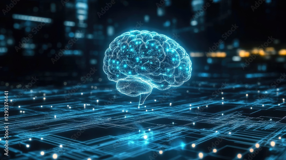 Poster brainwave activity displayed as glowing blue signals transferring data into a holographic ai process