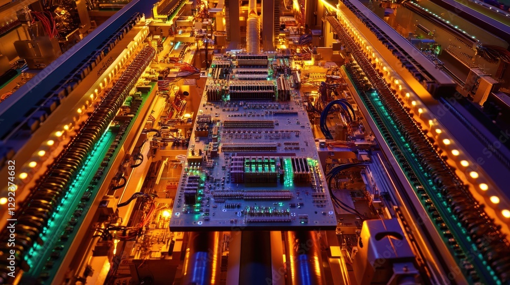 Poster bright, clean factory where multiple robotic arms are assembling electronic circuits with high effic