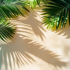 Fototapeta premium Bright beach scene glowing vividly with tropical palm shadows on sand 