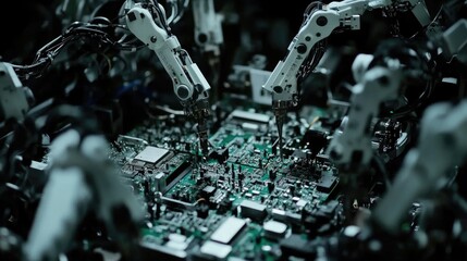 Fototapeta premium Bright, clean factory where multiple robotic arms are assembling electronic circuits with high efficiency.
