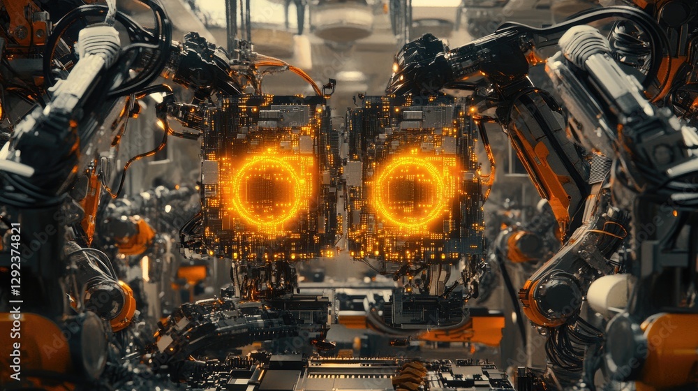 Poster bright factory environment where robotic arms are assembling circuit boards with glowing, intricate 
