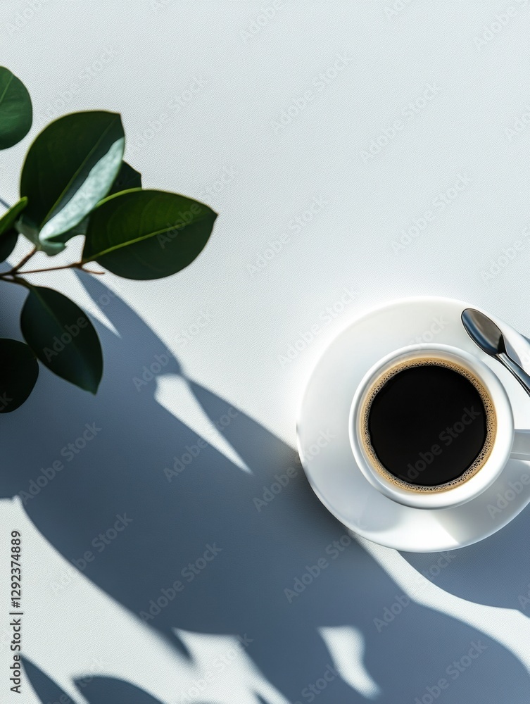 Poster dark coffee in a white cup with a spoon beside it and a plant in the background during morning light