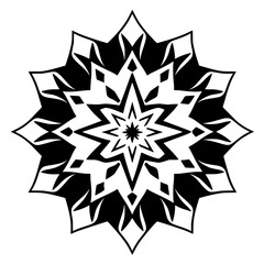 Black-and-white star-shaped geometric art on a white background, symmetrical floral design.