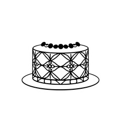 Cake decorated with black and white pattern. A dessert with berries on top and a decorative outline.