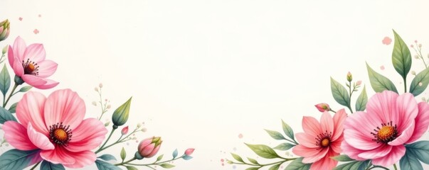 Naklejka premium Delicate watercolor floral border, lush blooms on ivory paper, blossom, flat lay, delicate