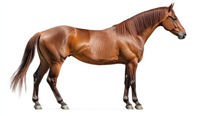 Obraz premium Bay horse standing pose outdoor stable animal photography natural setting side view sleek coat showcase
