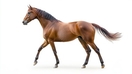 Obraz premium Standing bay horse pasture animal portrait open field side view sleek coat