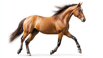 Obraz premium Bay horse with flowing mane and tail isolated in an open field animal photography natural landscape side view majestic equine beauty