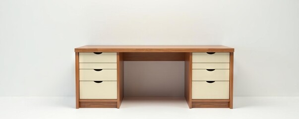 Elegant curved wooden desk, cream drawer fronts, white backdrop ,  minimalist,  clean