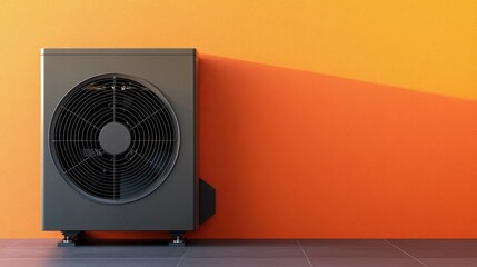 Compact air source heat pump against a striking orange gradient background, representing modern heating.