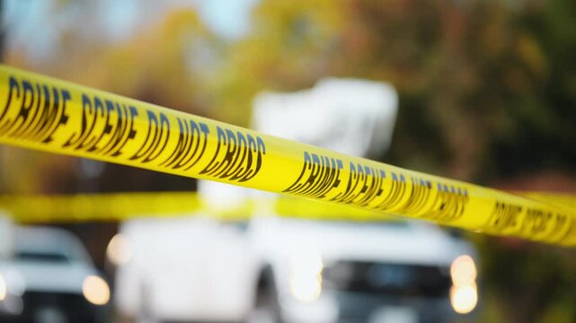 A bright yellow Crime Scene Do Not Cross tape stretched across an urban environment. The car accident. White trucks are driving in the background
