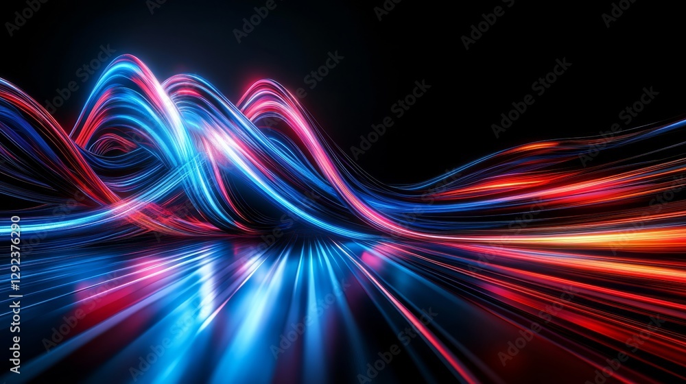 Poster vibrant blue and red light trails gracefully flow and intertwine smoothly across a deep black backgr