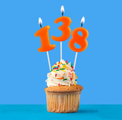 Orange birthday candle and cupcake - Number 138.