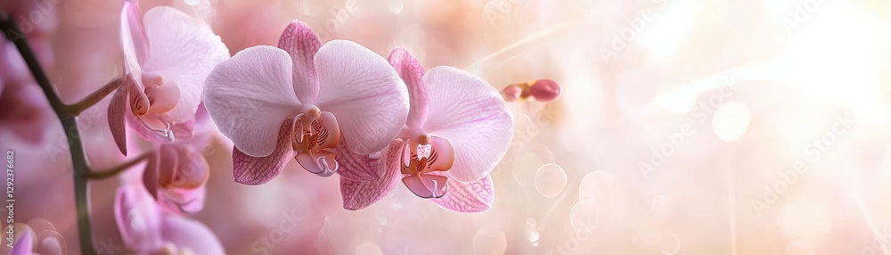 Aufkleber Close-up of Pink Orchids with Dew Drops in Soft Sunlight