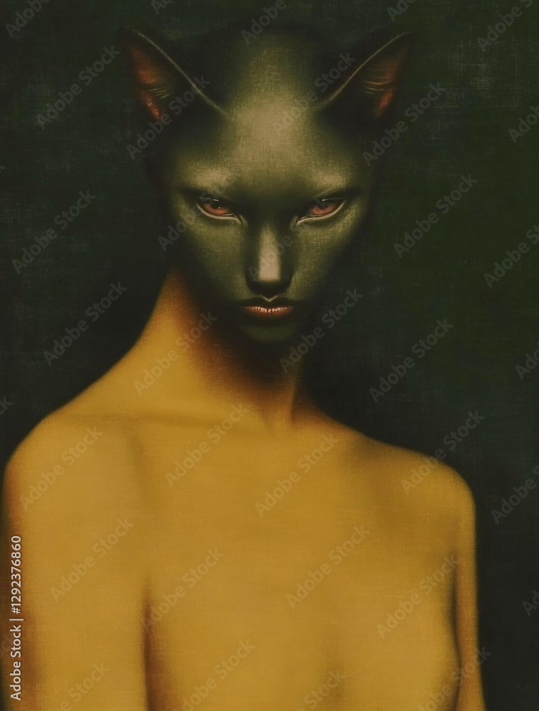 Poster surreal portrait of a female model with cat like features, showcasing a unique blend of human and fe