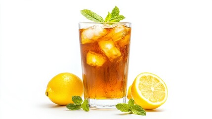 Fototapeta premium Sipping a frosty glass of iced tea with lemon and mint summer patio refreshing beverage outdoor setting inviting atmosphere