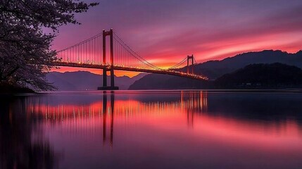 Obraz premium Vibrant sunset over suspension bridge reflecting on calm water.
