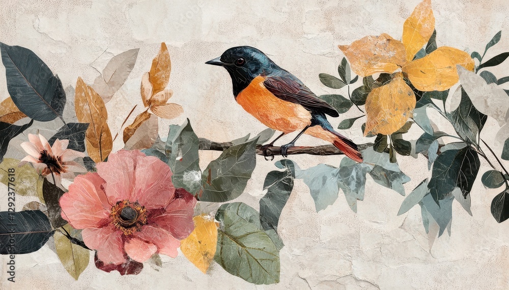Poster a vibrant bird resting on a branch adorned with colorful flowers and lush leaves