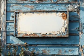 Naklejka premium Minimalist Blank Sign Board on Weathered Wooden Wall with Soft Natural Lighting