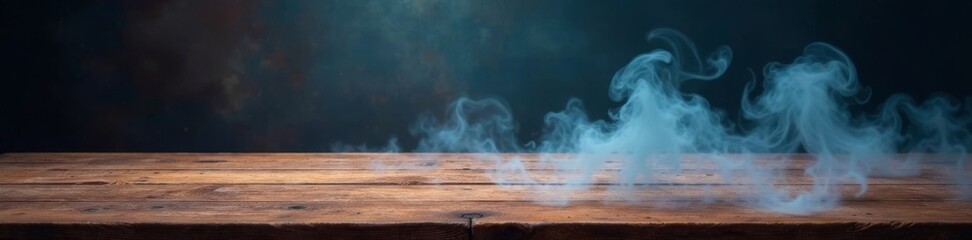 Rustic wooden table, ethereal smoke swirls above, dark backdrop, shadow, abstract