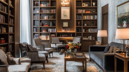 Cozy boutique hotel lobby with vintage decor, wooden bookshelves, and soft upholstered seating