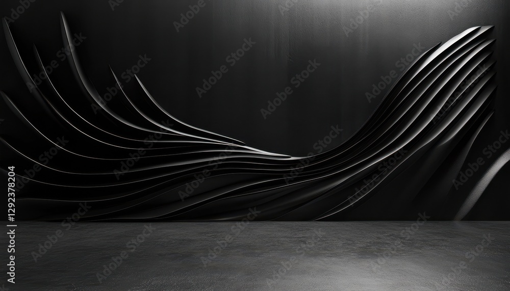 Poster Abstract Black and Dark 3D Render with Smooth Wavy Lines and High Contrast
