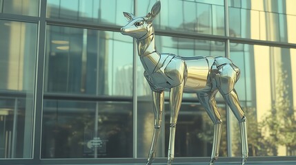 A beautifully crafted metallic deer sculpture standing gracefully in front of a modern glass building reflecting light and creating an artistic ambiance