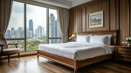 Cozy hotel room with elegant wooden furniture, a comfortable bed, and a large window with city views