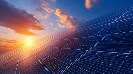 Solar Panels Generating Renewable Energy at Sunset